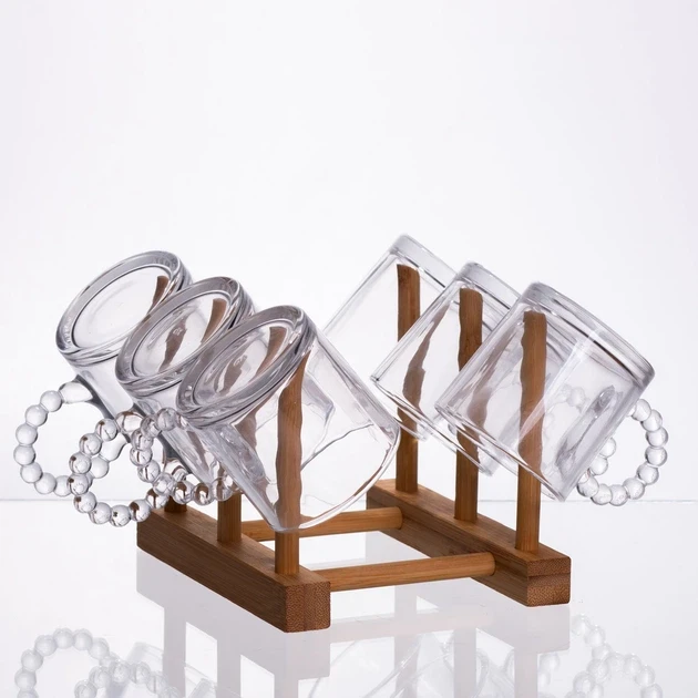 Зображення товару Чайний сервіз із товстого скла 8 предметів з бамбуковою підставкою для чашок 64486-232