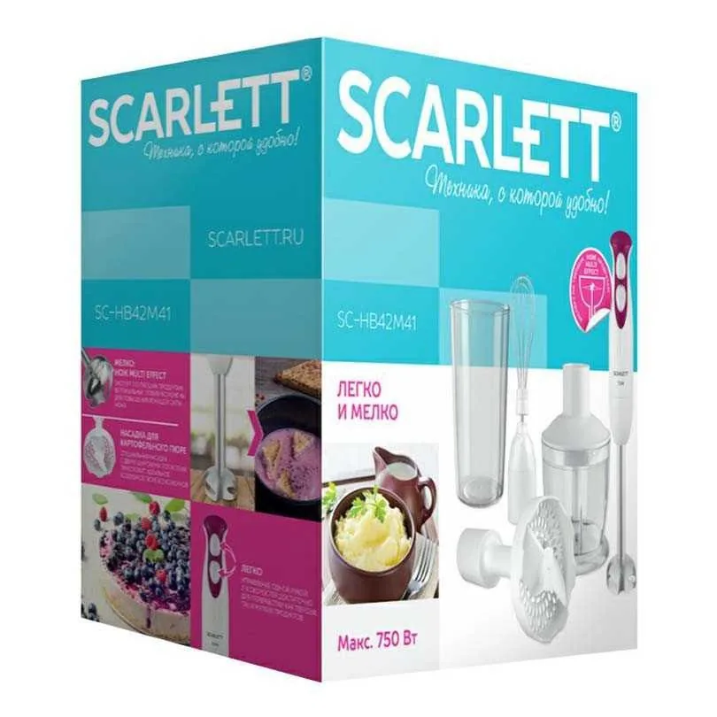 Зображення товару Блендер Scarlett 750вт.,ніжк.нерж.,стакан-600мл.,подрібнювач-600мл.,вінчик,насадка для пюре,турборежим.1