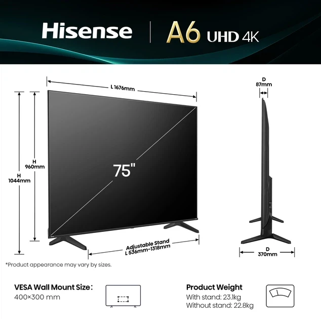 Зображення товару Телевізор Hisense діагональ 75" UHD 75A6Q3