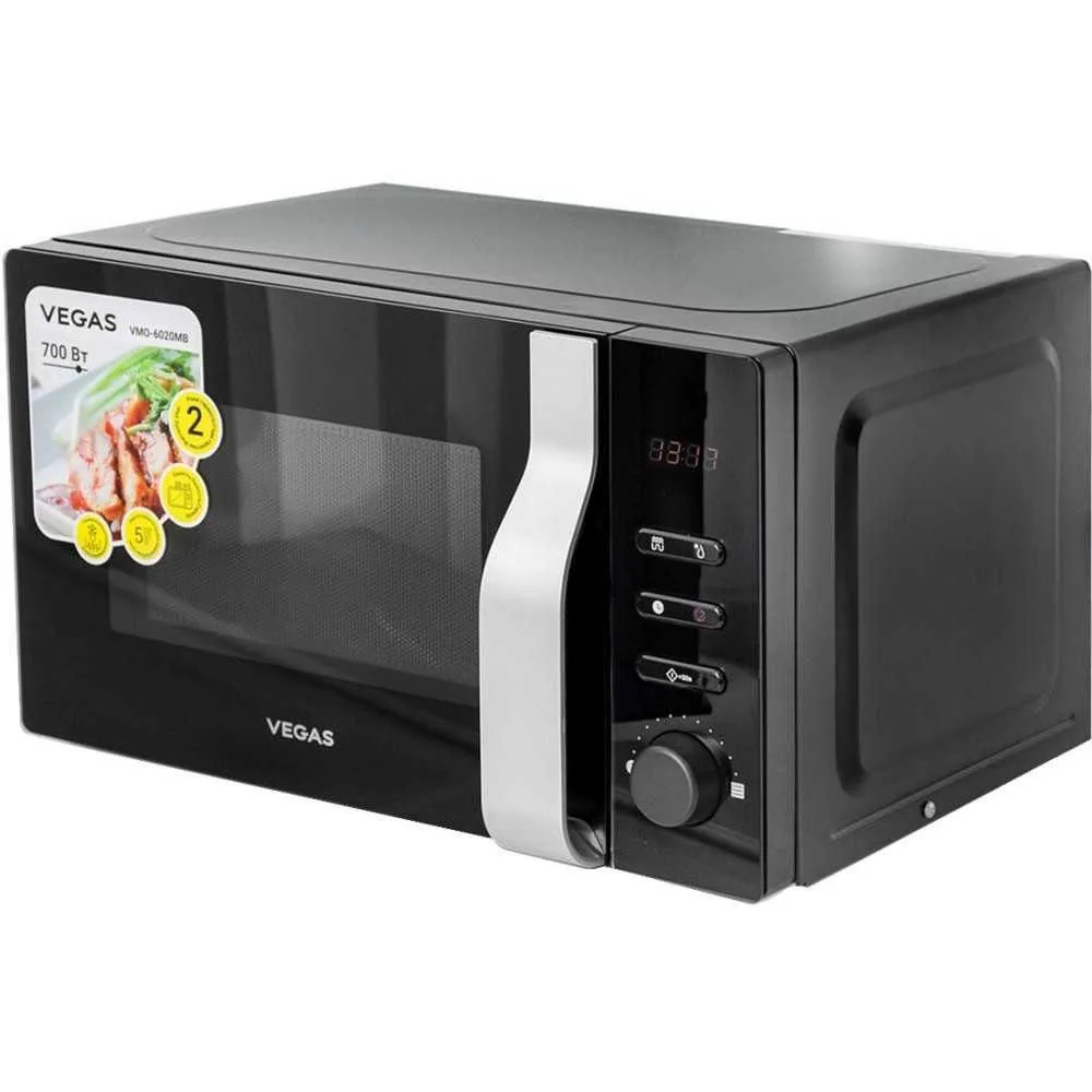 Мікрохвильова піч Vegas 700вт.,20л.,кер.механічне,чорний. VMO 6020 MB Мікрохвильова піч Vegas 700вт.,20л.,кер.механічне,чорний. VMO 6020 MB фото товару