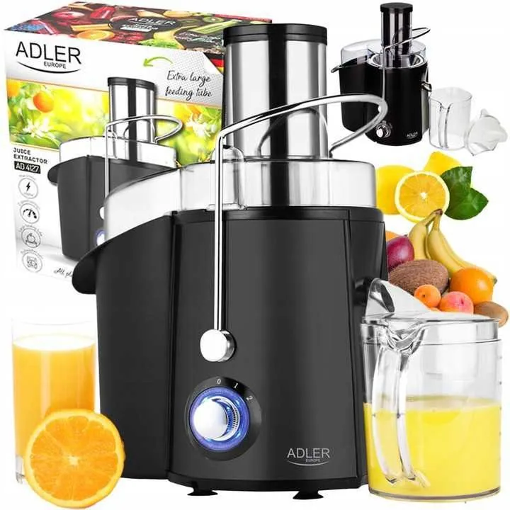 Зображення товару Соковижималка Adler 1000вт.,центробіжна,2 реж.швидкості,кер.механічне,корпус метал,пластик,стакан 1літр,чаша для м'якоті 2л.,підсвічування ручки. AD 41271