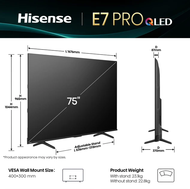 Зображення товару Телевізор Hisense діагональ 75" Qled 75E7Q PRO2