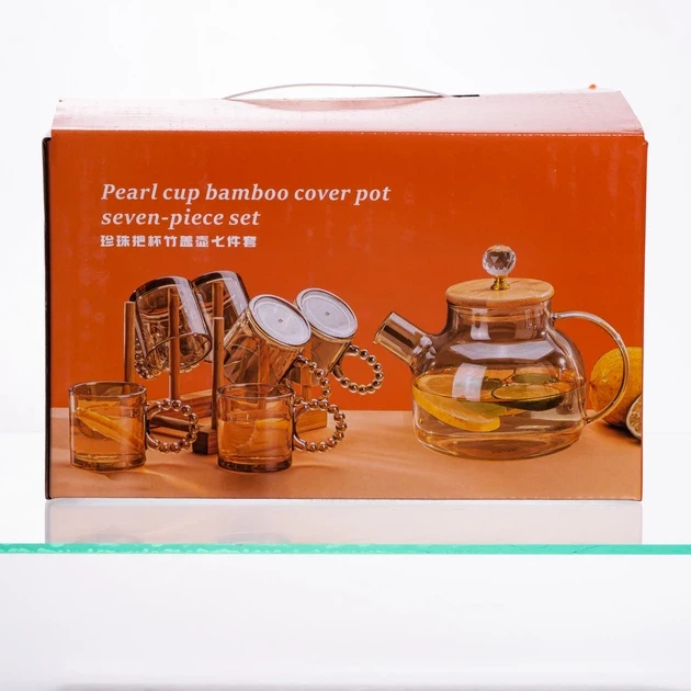 Зображення товару Чайний сервіз із товстого скла 8 предметів з бамбуковою підставкою для чашок 64486-234