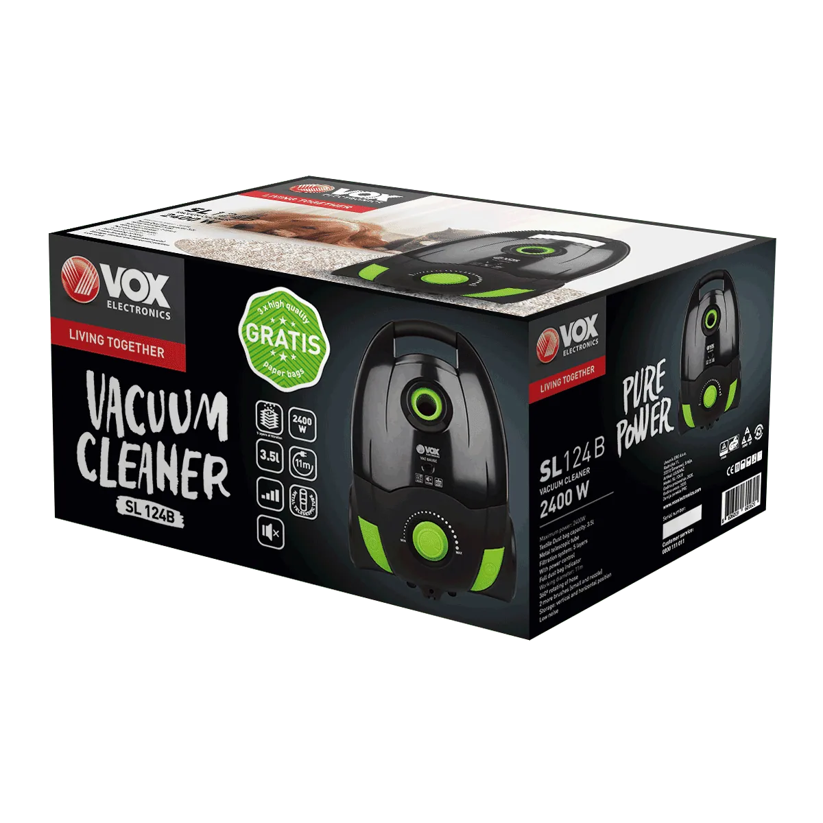 Зображення товару Пилосос Vox 2400Вт.,мішок 3.5л.,насадка підлога,килим,для мебелі,рег.потужності. SL-124B1