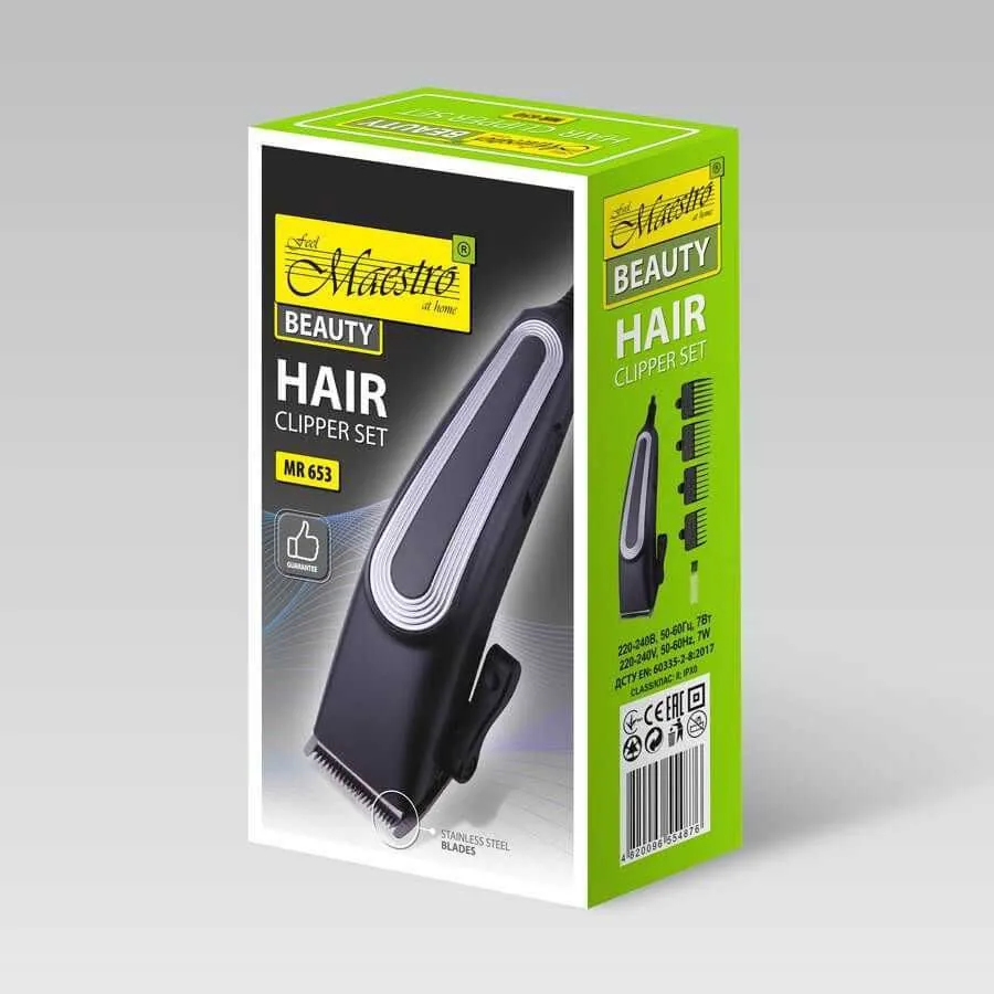 Зображення товару Машинка для стрижки Maestro від мережі,4 насадки 3-12мм.,леза нерж.сталь. MR-653SS1