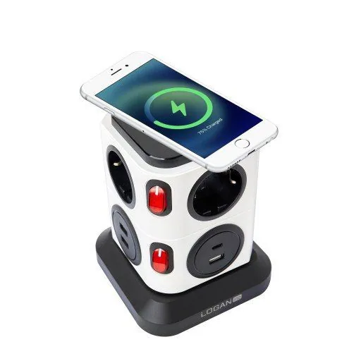 Зображення товару Подовжувач Logan 2м.,бездротова зарядка,8 розетки, макс.навант.3,6квт,USB порти: 3xUSB + 1хType C: 5V/3.4A MAX WSB6-21