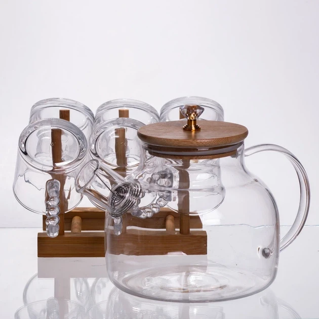 Зображення товару Чайний сервіз із товстого скла 8 предметів з бамбуковою підставкою для чашок 64486-235